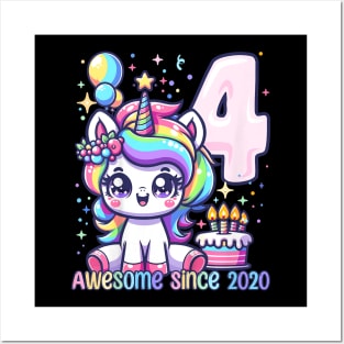 Kids Unicorn 4Th Birthday 4 Year Old Unicorn Party Girls Outfit Posters and Art